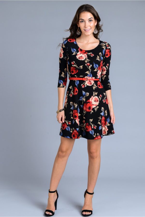 3/4 sleeve floral print dress with mini belt