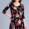 3/4 sleeve floral print dress with mini belt