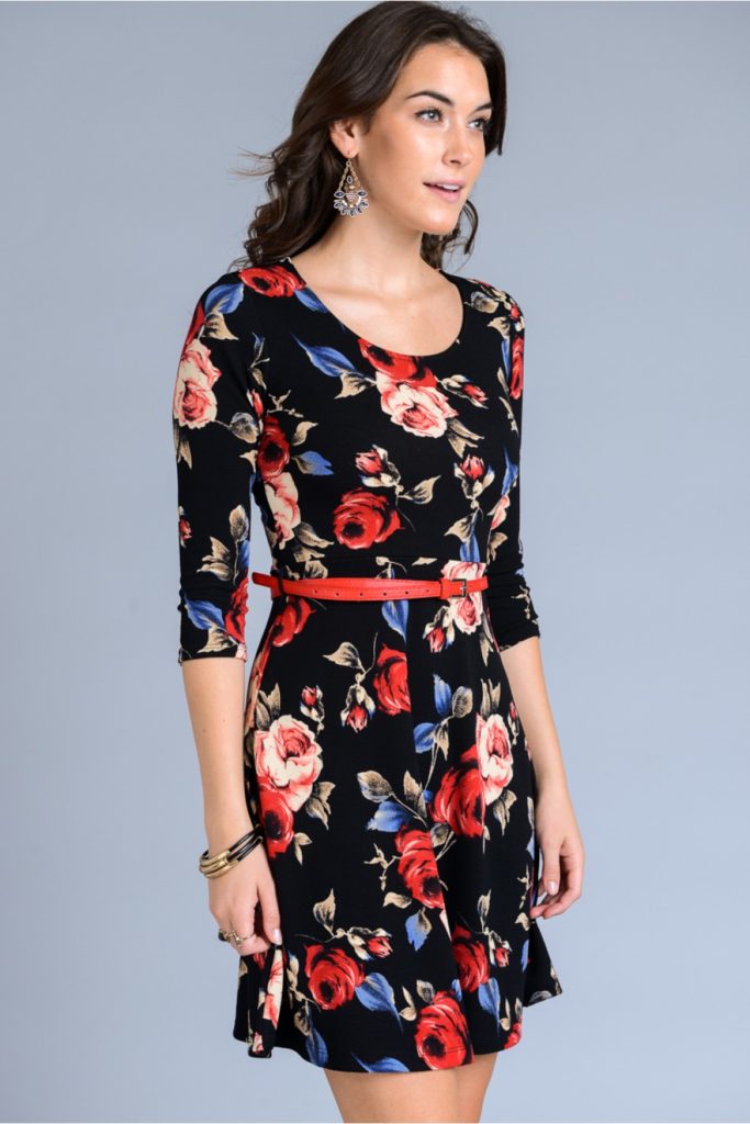 3/4 Sleeve Floral Print Dress with Mini Belt - Lazy Caturday - Fun and ...