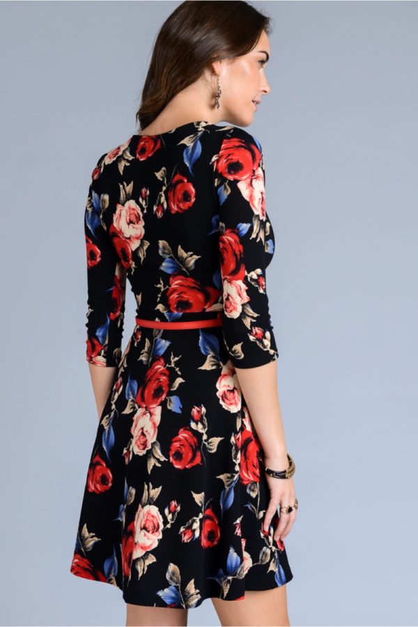 3/4 sleeve floral print dress with mini belt