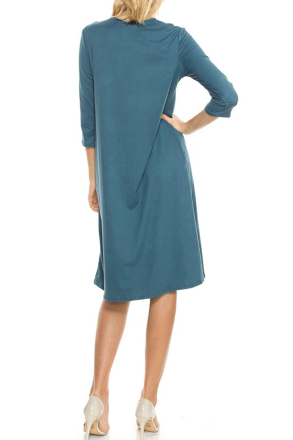 Embroidered Front Patch Detail 3/4 Sleeve Midi Dress