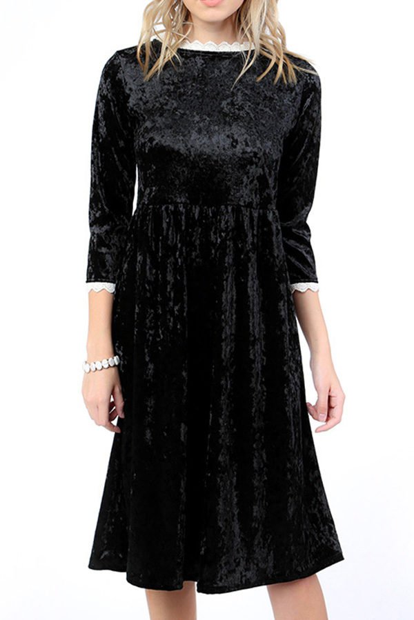 Velvet Crochet Trim Detail Midi Dress