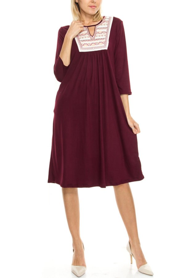 Embroidered Front Patch Detail 3/4 Sleeve Midi Dress